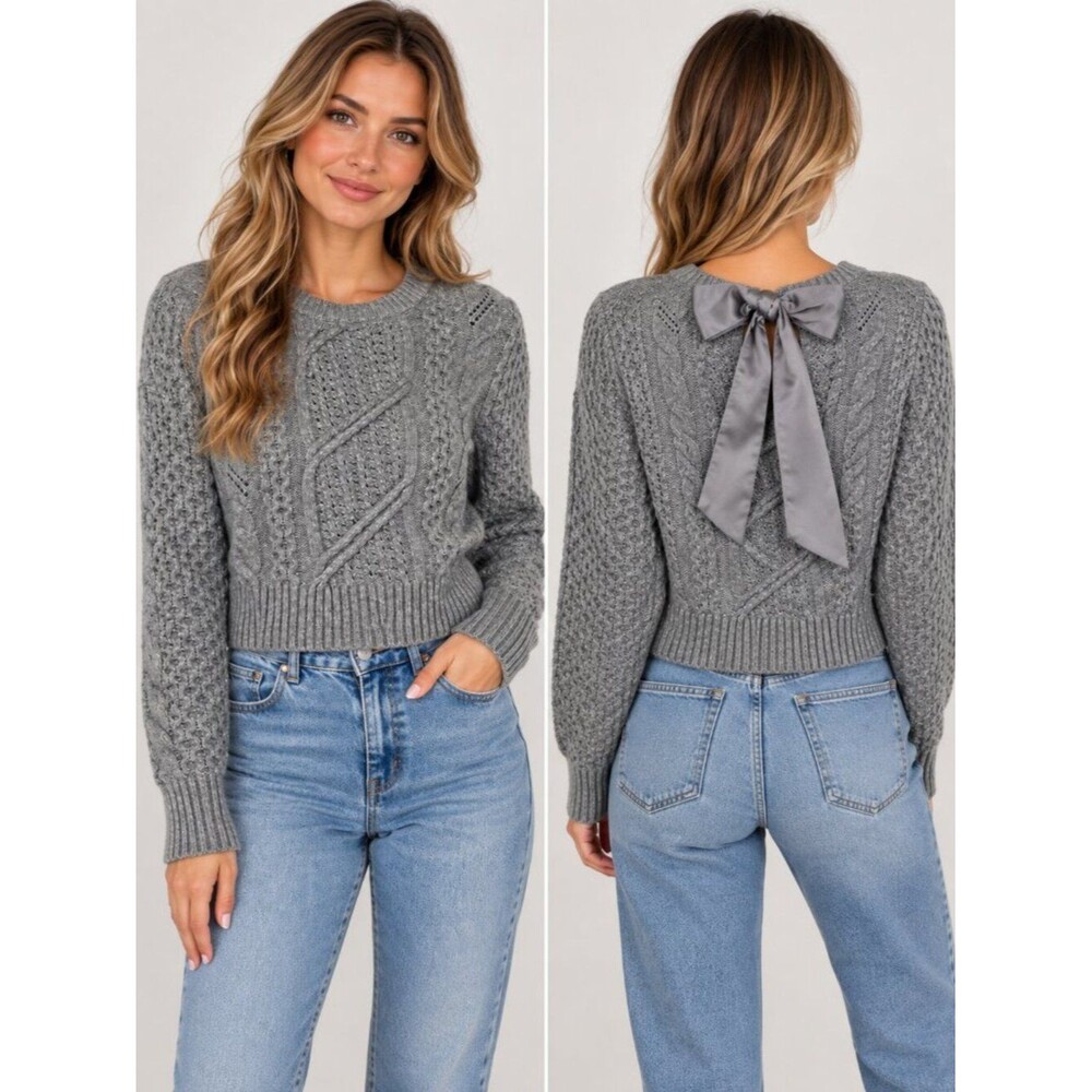 Express Conscious Edit Gray Cable Knit Sweater Large Satin Bow Back Preppy